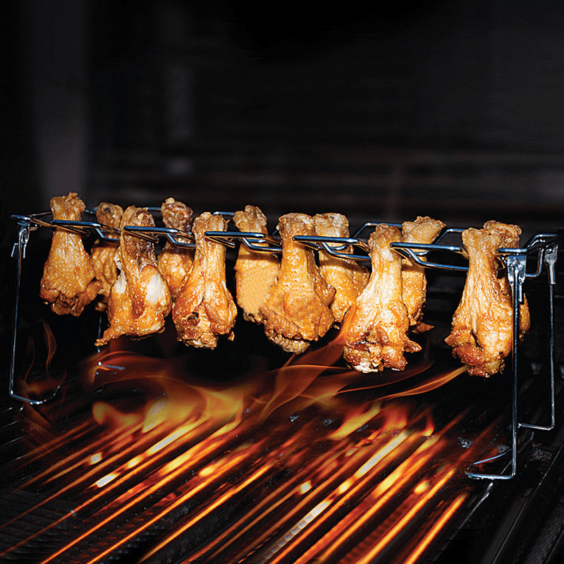 BBQ Grill Rack Beef Chicken Leg Wing Smoker Oven Roaster Stand 14 Slots Stainless Steel Barbecue Drumsticks Holder with Drip Pan Camping Picnic