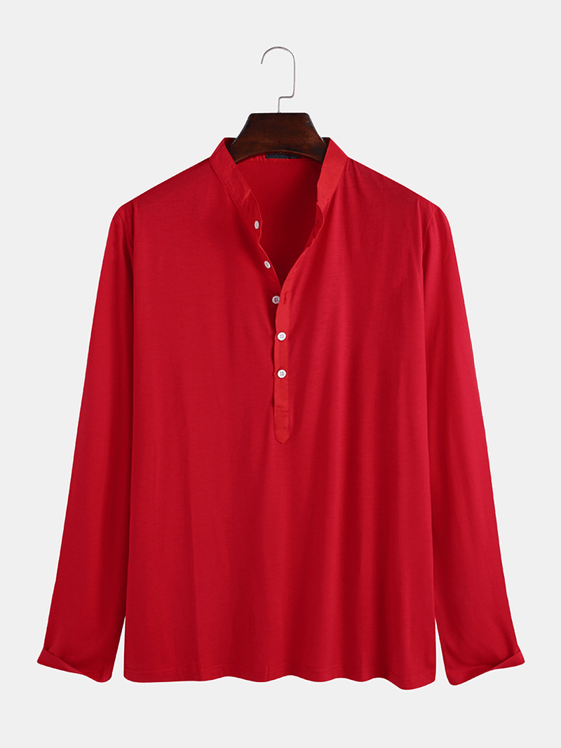 Mens Solid Color Half Open Button Stand Collar Long Sleeve