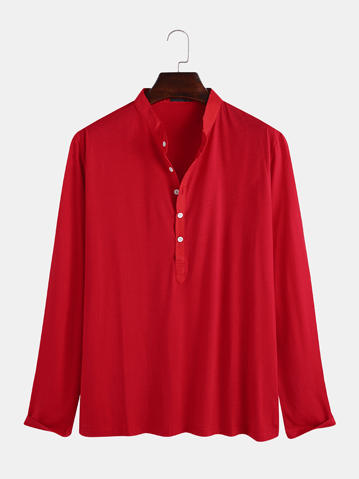 Mens Solid Color Half Open Button Stand Collar Long Sleeve