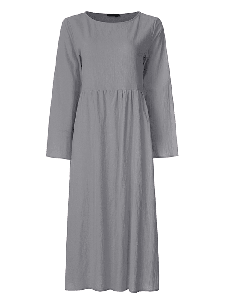 Women Cotton Crew Neck Long Sleeve Solid Casual Dress - MRSLM