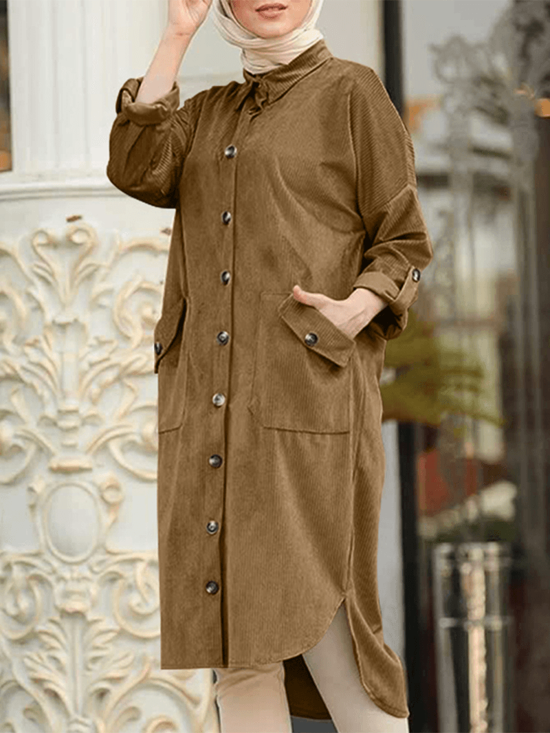 Women Corduroy Solid Moslem Style Collared Raglan Button Front High Low Dress - MRSLM