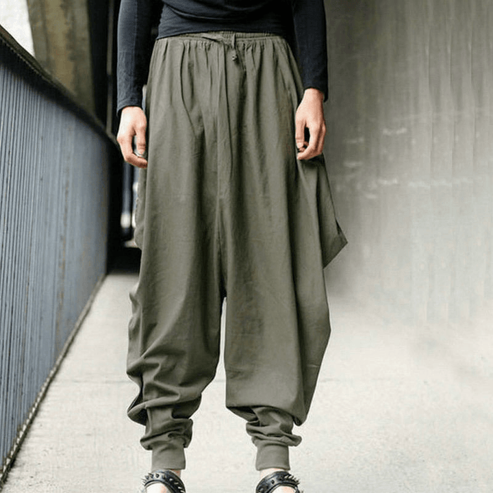 Mens Casual Cotton Linen Solid Color Baggy Loose Harem Pants