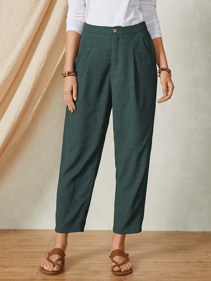 Pure Color Elastic Waist Button Pocket Harem Pants Women Casual Bottoms