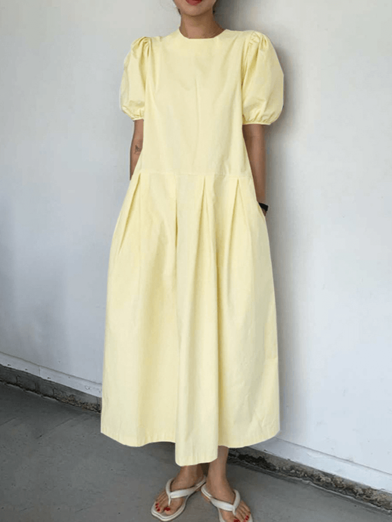 Casual Plain Round Neck Puff Sleeve Maxi Dress with Side Zipper and Pocket - Solid Stitching Maxi Dress for Summer