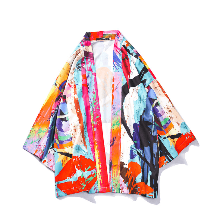 Japanese Tang Suit Color Graffiti Road Robe Sunscreen Coat Three-Quarter Sleeve Couple Male Kimono Loose Thin Section