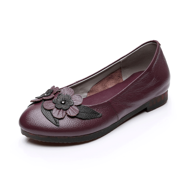 Women Flowers Decor Comfy Sole Soft Leather Loafers - MRSLM