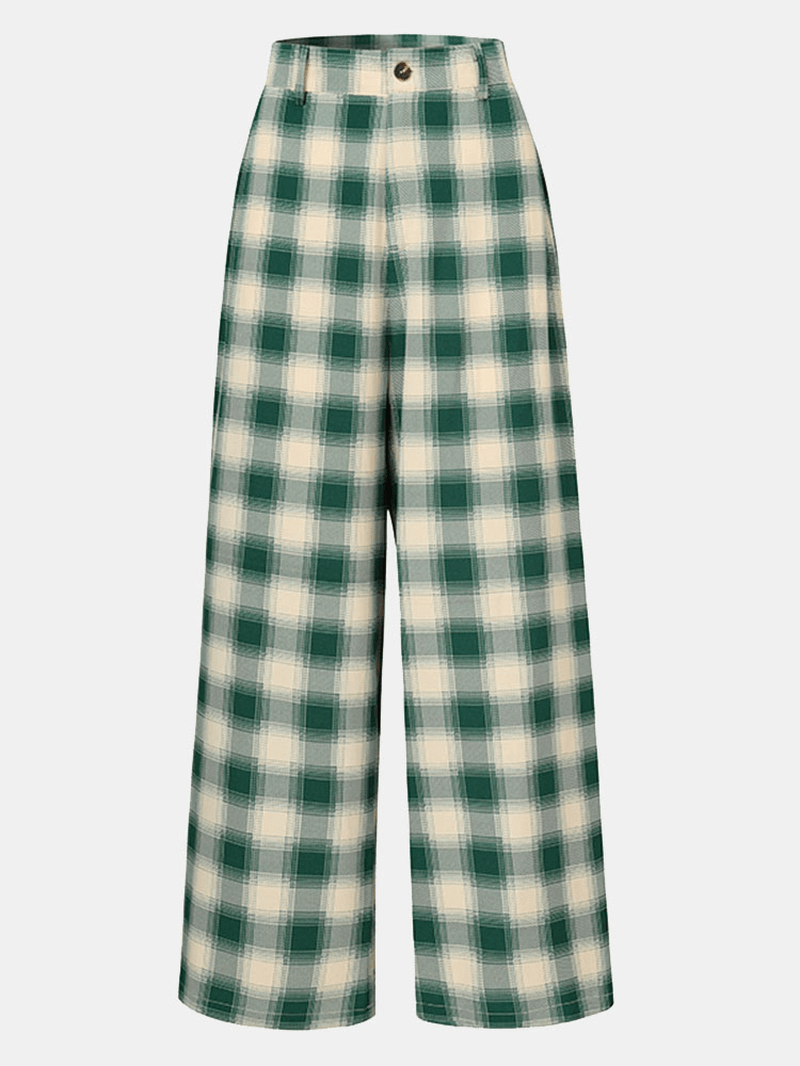 Women Plaid Print Hight Waist Zipper Fly Suit Trousers Wide Leg Pants