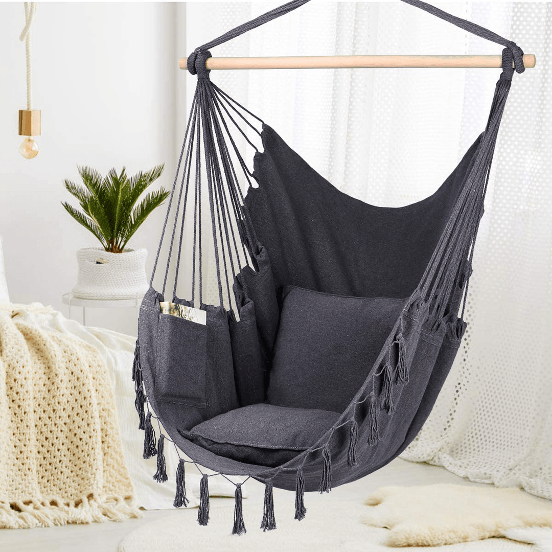 Max 330Lbs/150Kg Hammock Chair Hanging Rope Swing with 2 Cushions Included Large Tassel Hanging Chair with Pocket