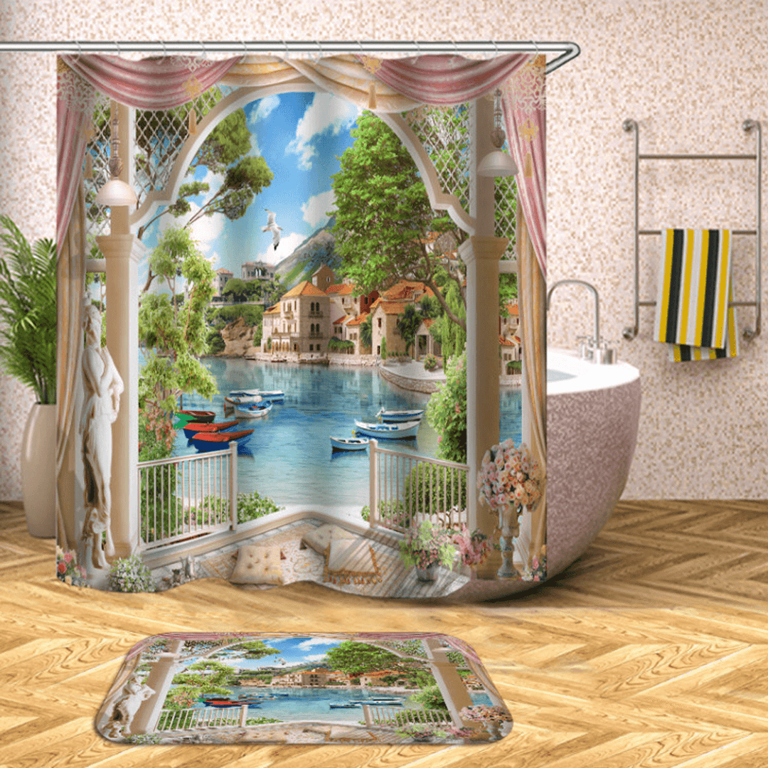 1/3Pcs Bathroom Shower Curtain Mediterranean Sea Printing Set Toilet Cover Mat