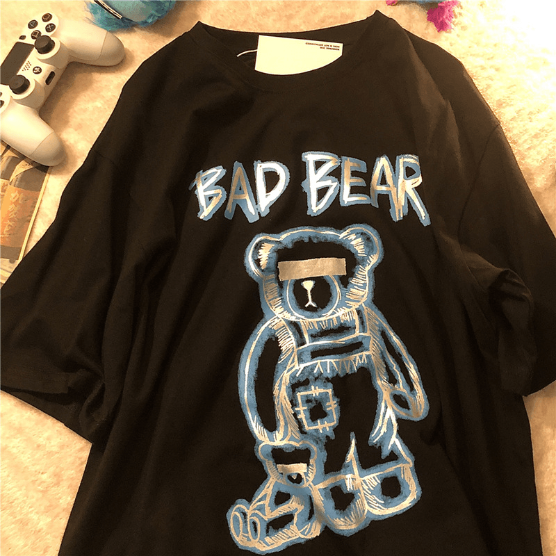 2021 Summer New Ins Tide Brand Creative Graffiti Bear Print Short-Sleeved T-Shirt Male Loose Half-Sleeved round Neck T-Shirt