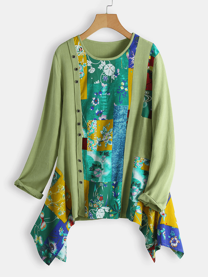 Floral Print Irregular Hem Patchwork Long Sleeve O-Neck Blouse