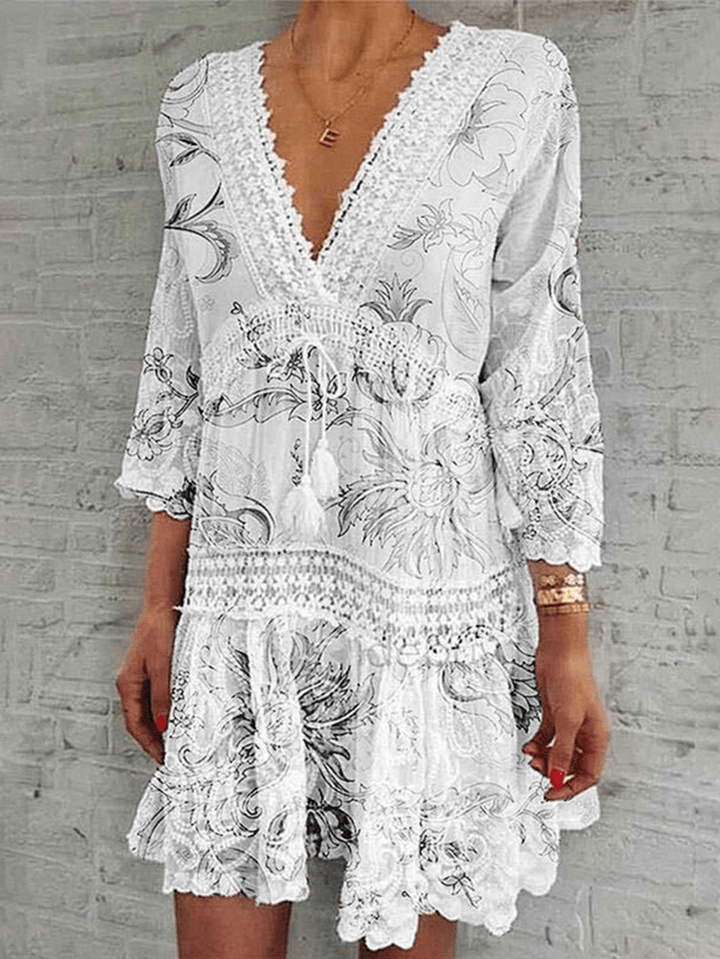 Women Flower Print Plunge Tie Front 3/4 Sleeve Lace Mini Dresses - MRSLM