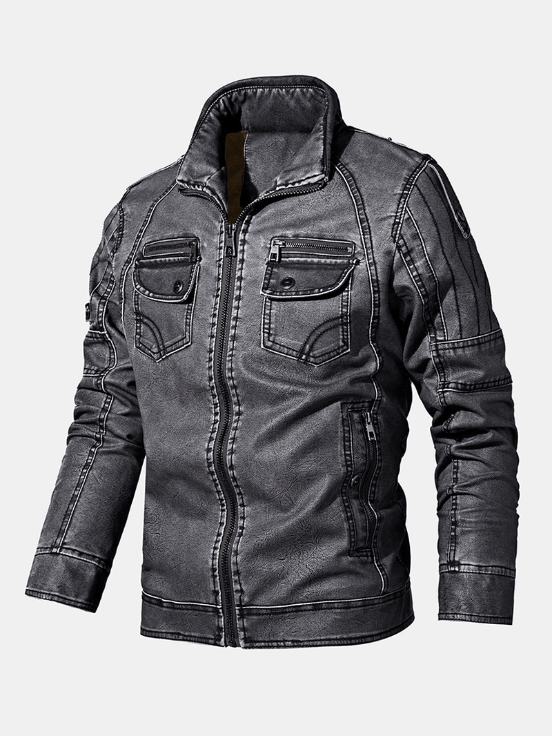 Mens Washed Vintage Multi-Pocket Zipper Lapel Winter Thicken PU Leather Jacket