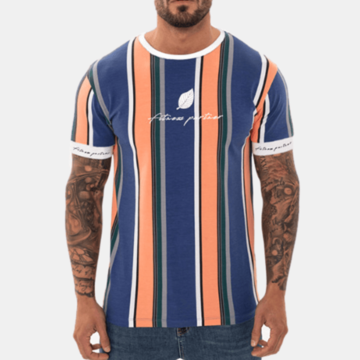 Men Vertical Stripe Short Sleeve Hawaiian T-Shirts