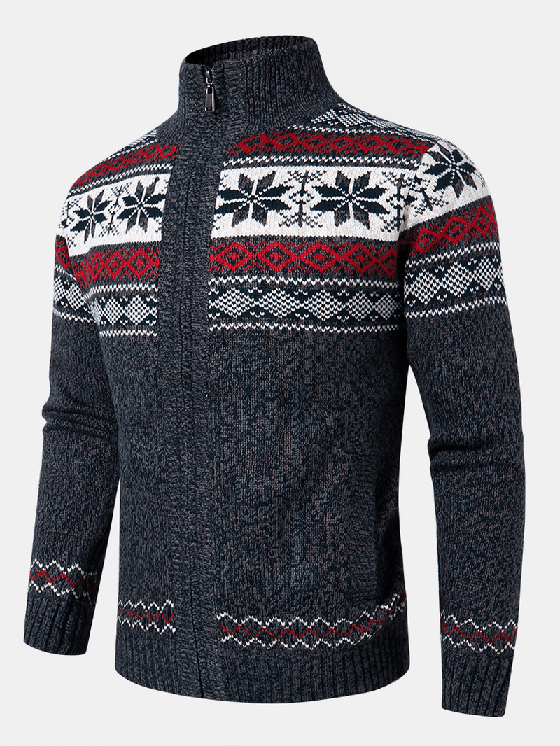 Mens Geometric Graphics Knitted Fleece Lined Warm Sweater Cardigans