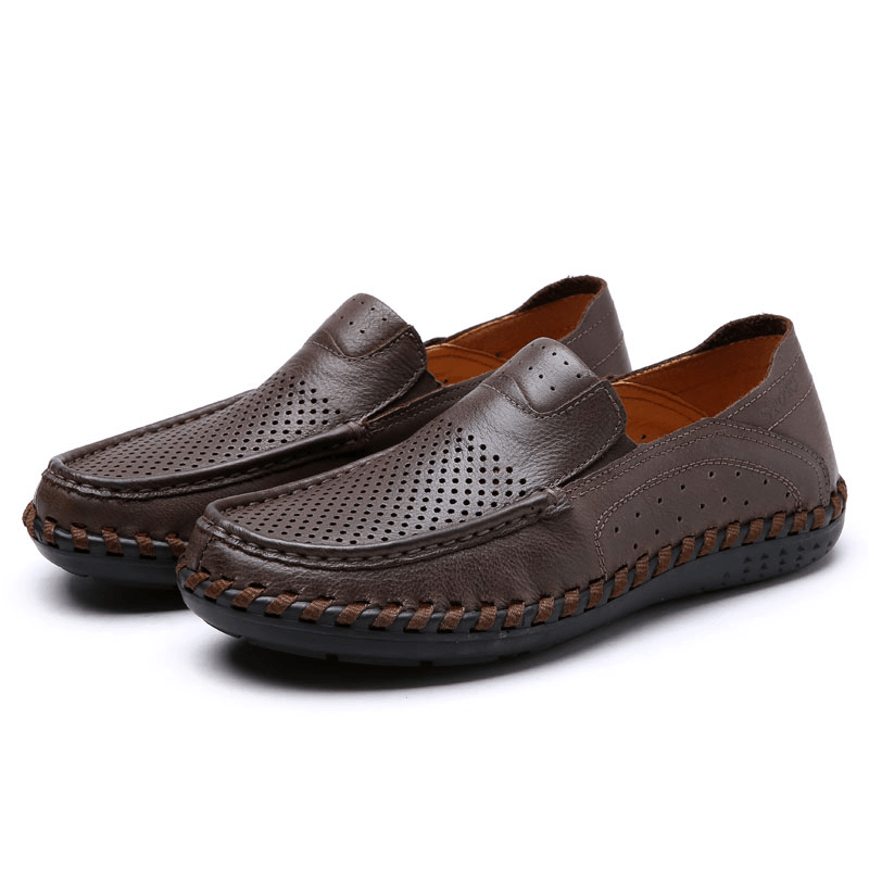 Men Leather Breathable Hollow Out Hand Stitching Soft Sole Non Slip Comfy Casual Shoes