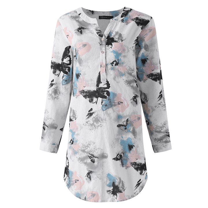 Ink Printed V Neck Buttons Long Sleeve Shirt Dress