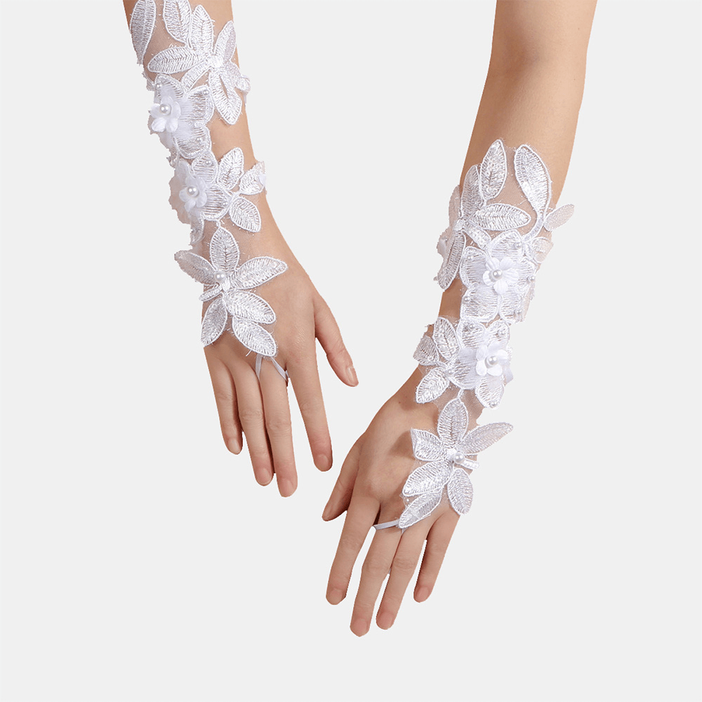 Women Mid-Length Lace Flowers Bandage Decorative Breathable Split Finger Gloves Sun Protection Sleeves