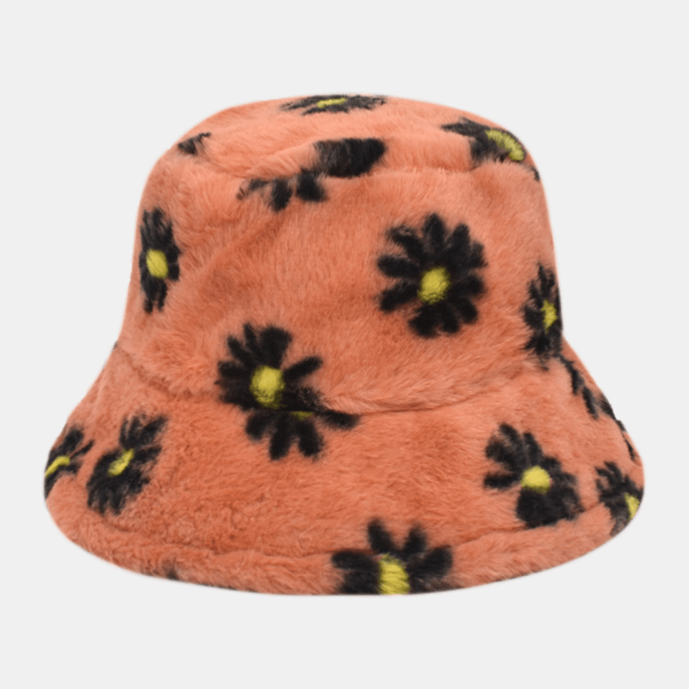 Women Lamb Hair Soft Warm plus Thicken Casual All-Match Cute Daisy Flower Pattern Bucket Hat