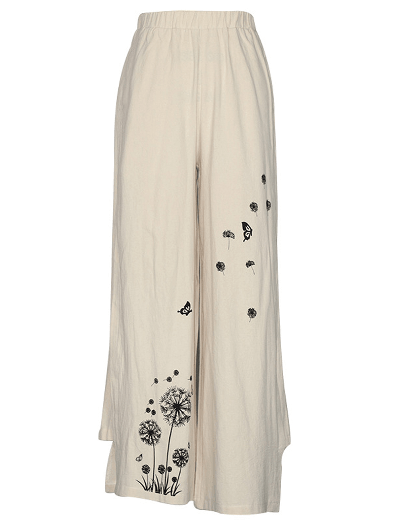 Women Floral Print Elastic Waist Loose Wide Leg Pants with Pocket