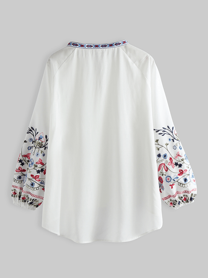 Flower Embroidery V-Neck Drawstring Cuffs Casual Blouse