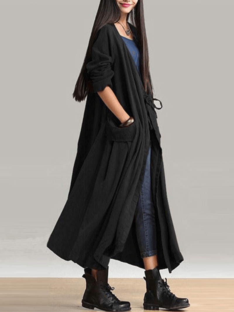 Casual Women Long Sleeve Solid Color Pockets Lace-Up Long Outerwear Coats