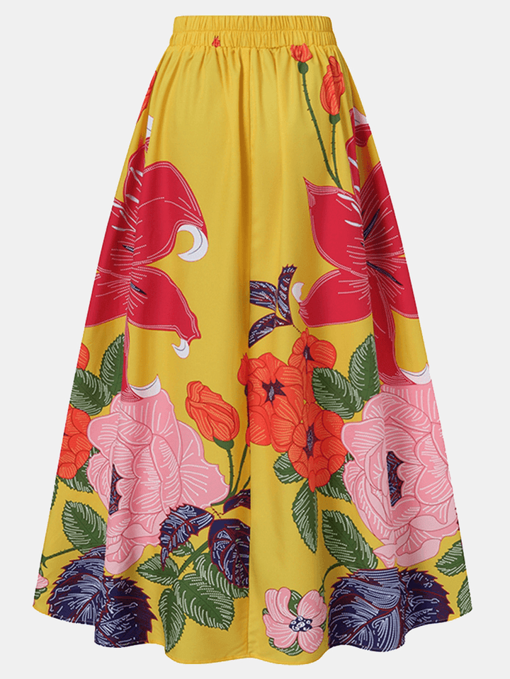 Women Floral Print Casual Elastic High Waisted Holiday Maxi Skirts with Pocket