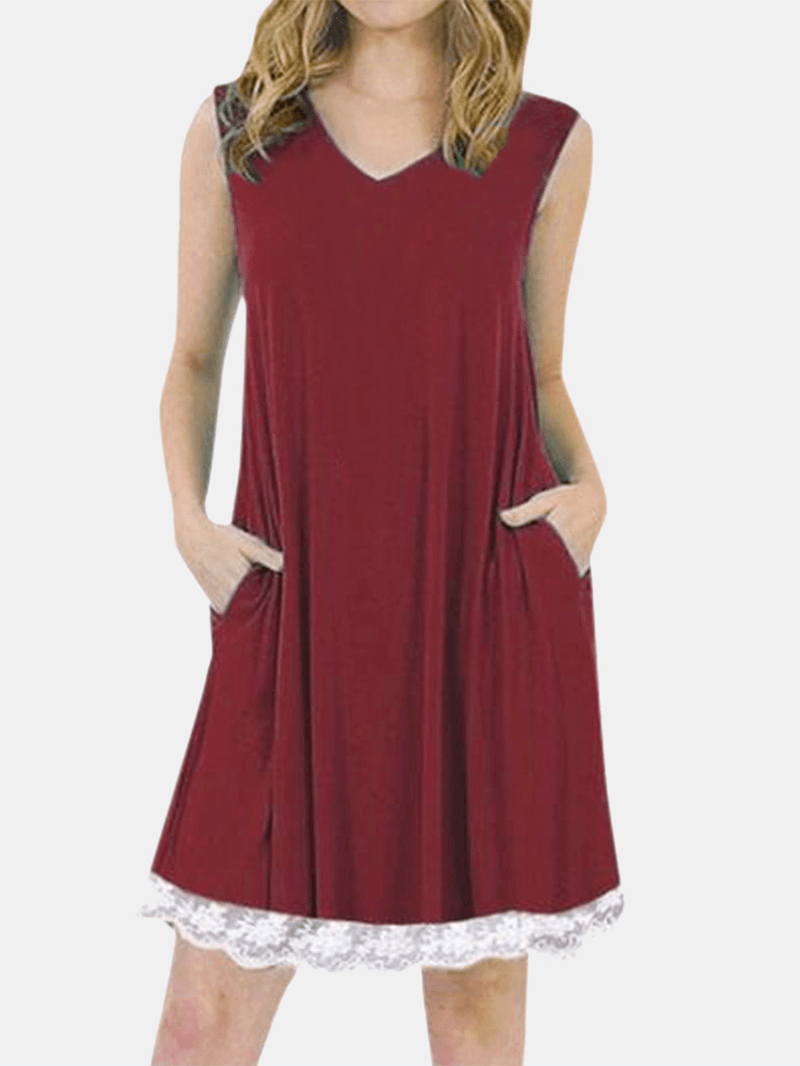 Summer Lace Patchwork Sleeveless Loungewear V-Neck Daily Casual Dress