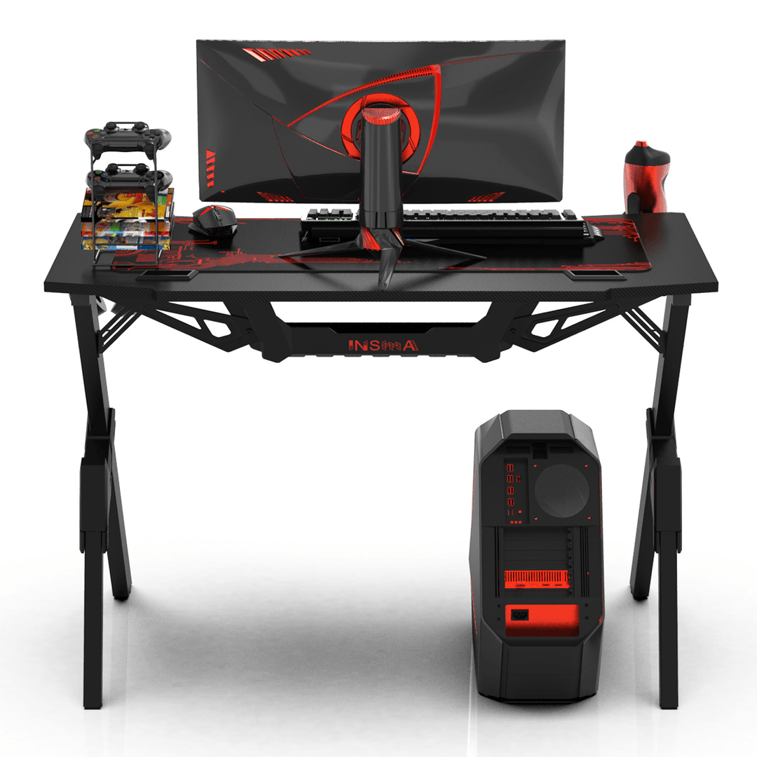 43.3" Gaming Computer Desk Black Gamer Table with Cable Management Box Cup Holder Headphone Hook & Mouse Pad for Home Office - MRSLM