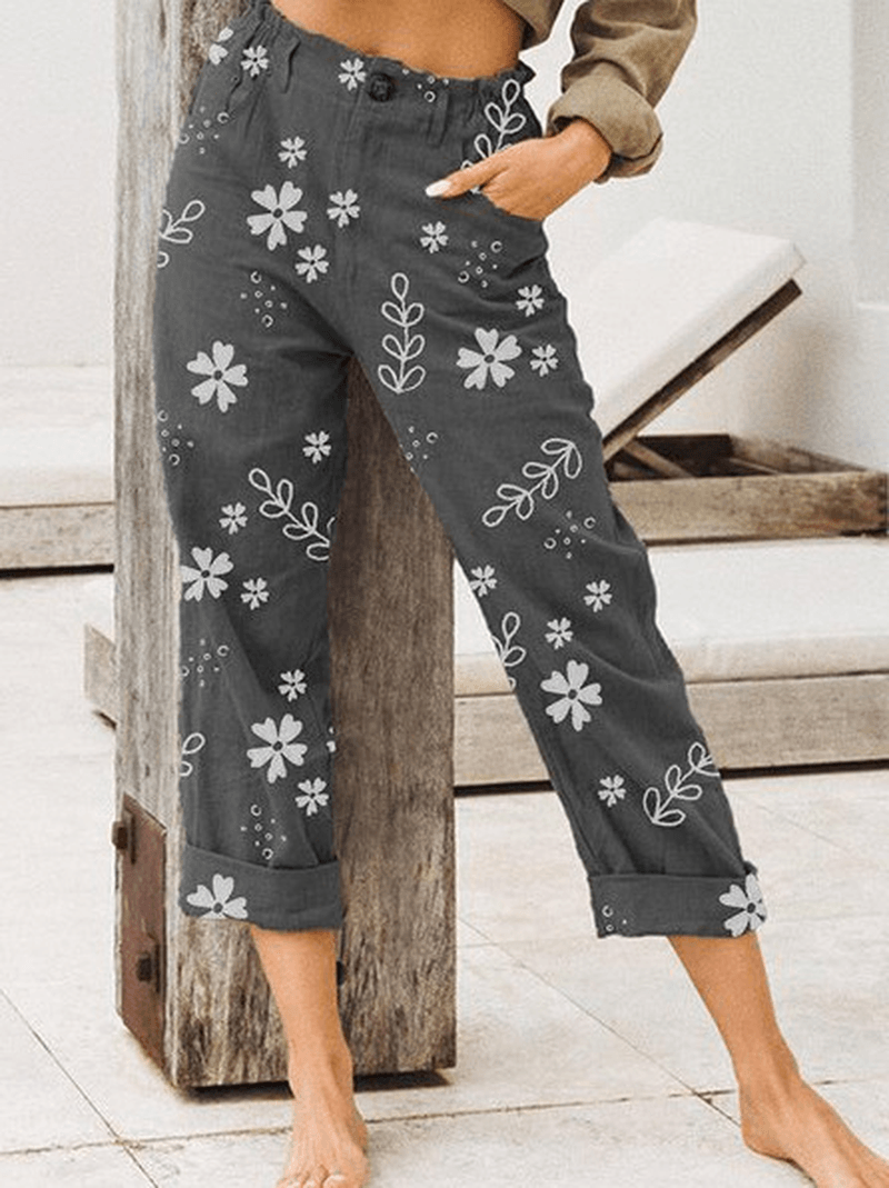 Casual Flowers Print Loose Pocket Long Pants for Women