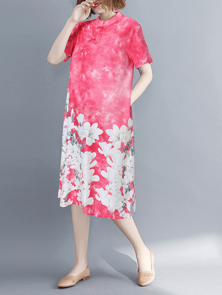 Short Sleeve Spliced Floral Casual Tie-Dyed Dress for Women