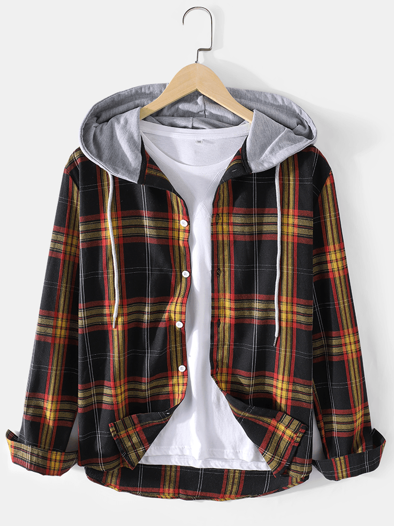 Mens Tartan Button up Long Sleeve Relaxed Fit Drawstring Hooded Jacket