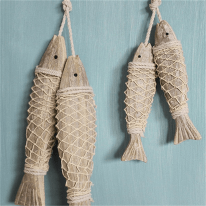 2Pcs Handmade Coastal Art Design Carved Wooden Marine Fish Wall Sculpture