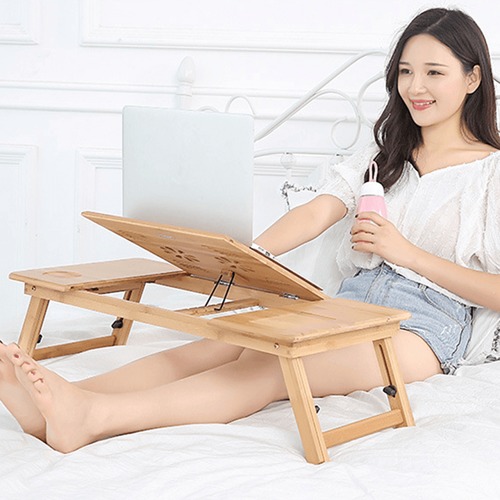 Bamboo Laptop Desk Adjustable Portable Breakfast Serving Bed Tray Multifunctional Table with Tilting Top Storage Drawer