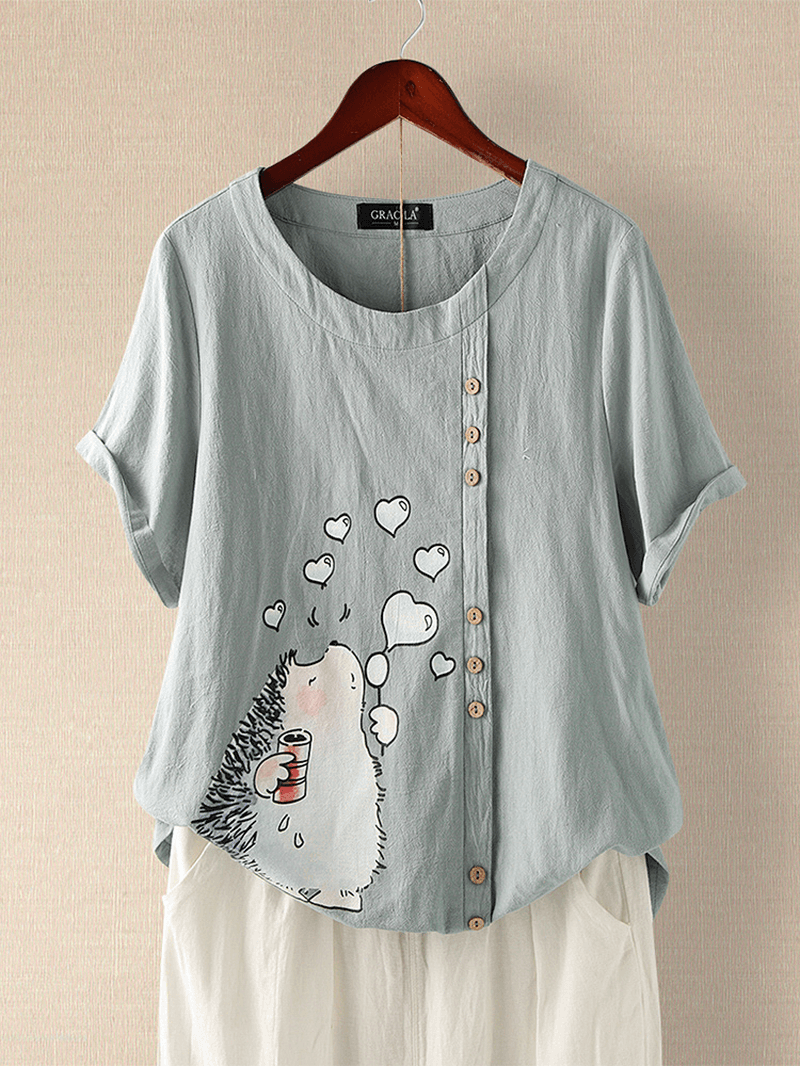 Cartoon Print Cotton round Neck Short Sleeve Casual T-Shirts for Women