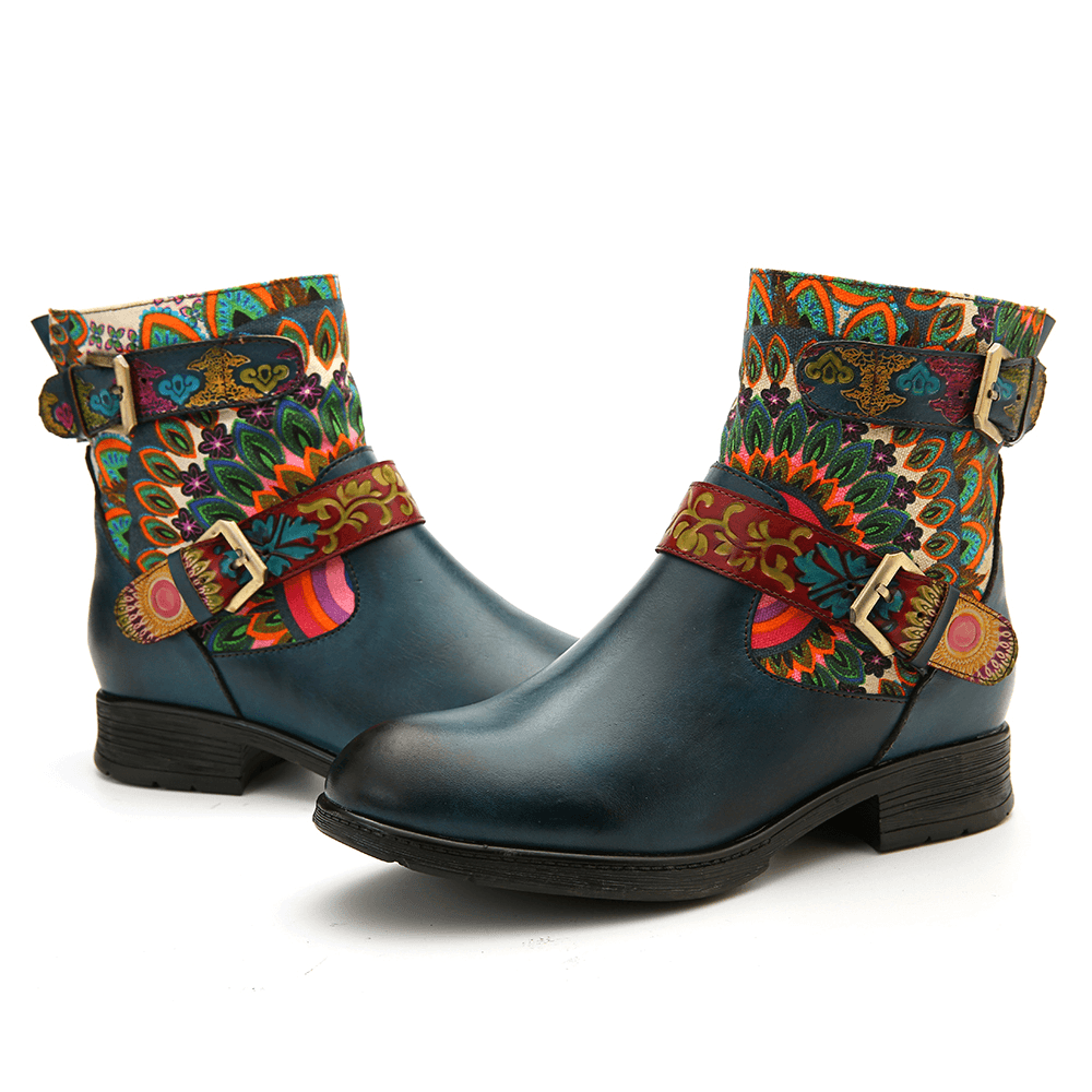 Women Metal Buckle Pattern Leather Comfy Ankle Boots