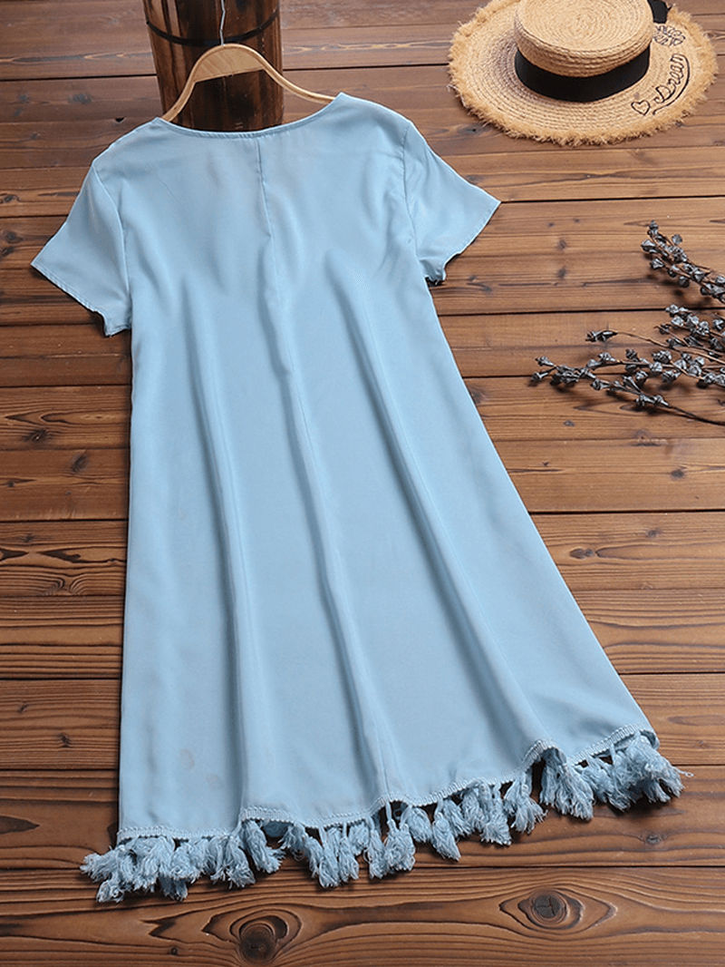 Women Short Sleeve Tassel Patchwork Casual Dress