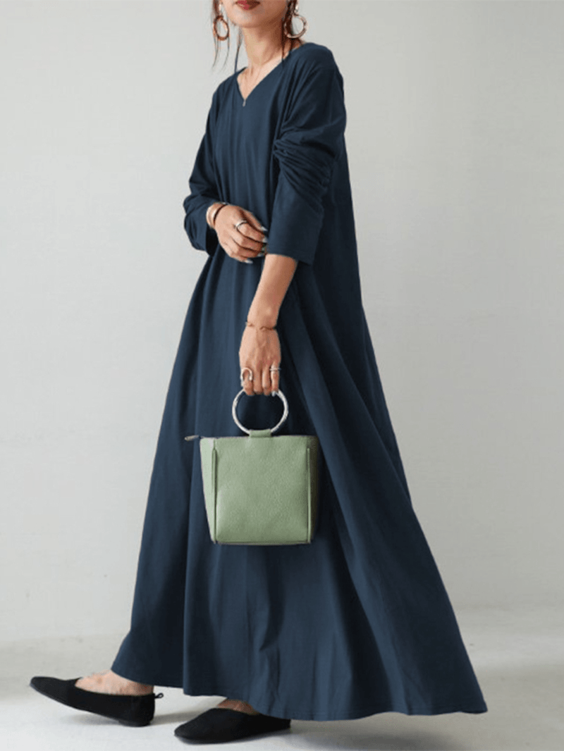 Women Casual Solid Color V-Neck Loose Long Sleeve Swing Maxi Dress