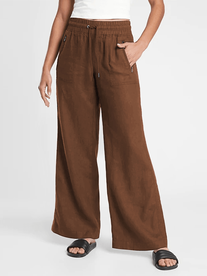 Solid Color Elastic Waist Side Pocket Simple Casual Wide Leg Pants for Women