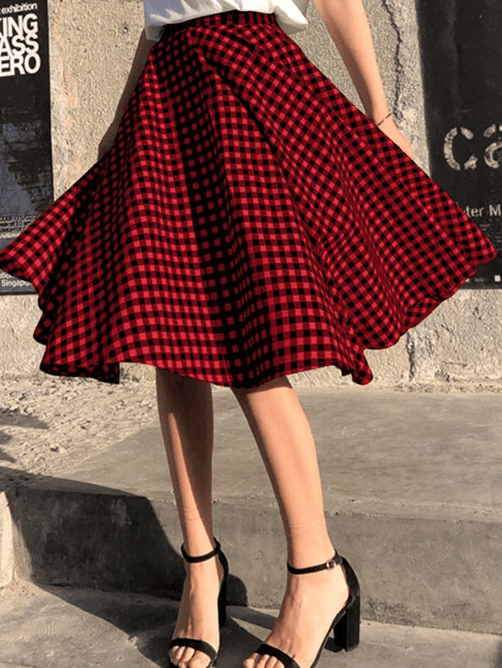 Women Plaid Pleated Spliced Loose Casual Leisure Skirts