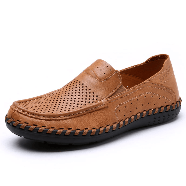 Men Leather Breathable Hollow Out Hand Stitching Soft Sole Non Slip Comfy Casual Shoes