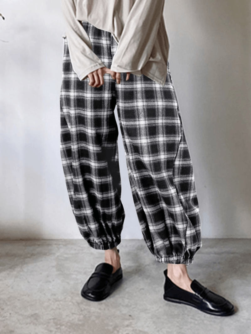 Women Plaid Print Elastic Waist Loose Stylish Beam Feet Pants Harem Pants with Pockets - MRSLM