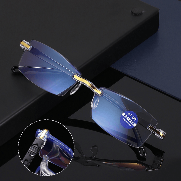 Unisex Anti-Blue Light Frameless HD Diamond Trimming Dual-Use Reading Glasses Presbyopic Glasses