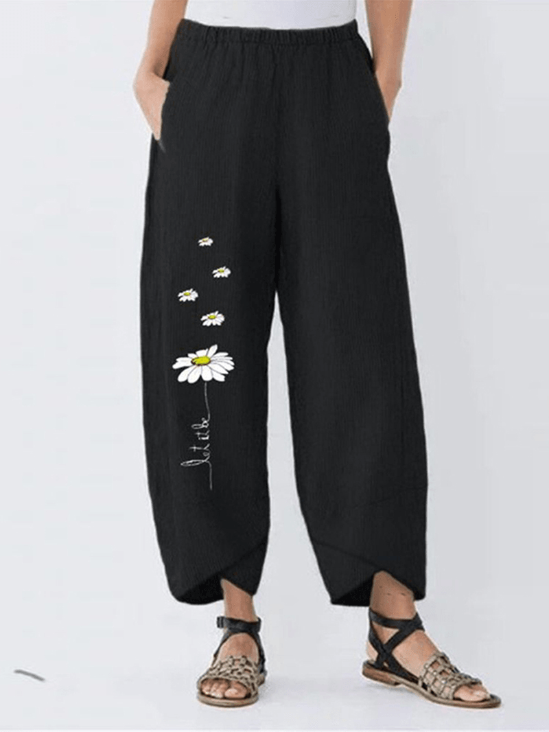 Women Flower Print Cotton Elastic Waist Casual Loose Pants