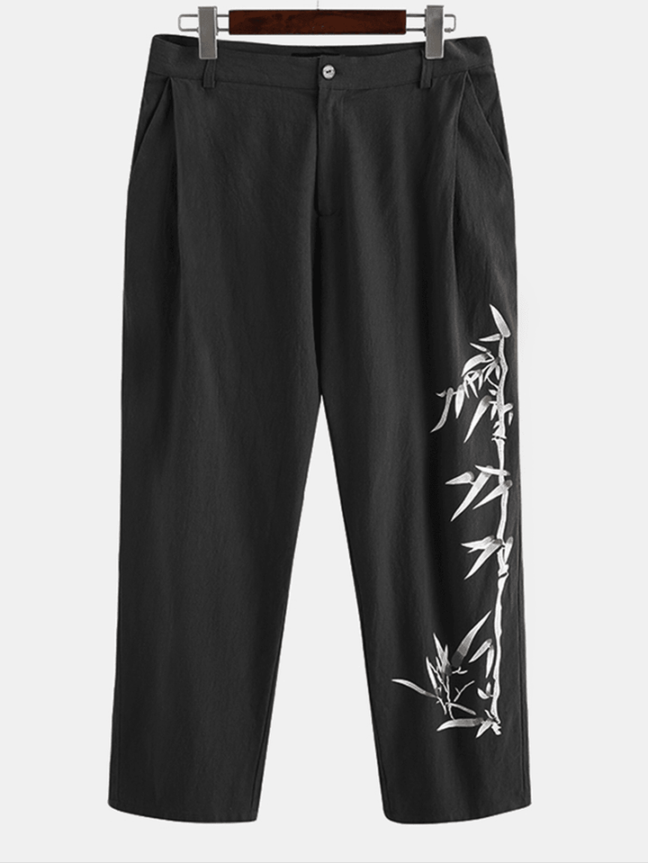 Mens Cotton Oriental Bamboo Print Breathable Button Casual Pants