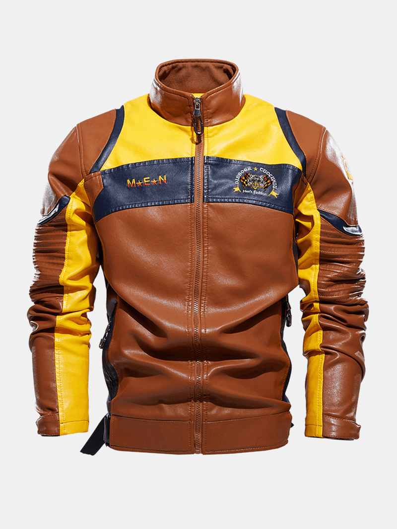 Mens Embroidery Patchwork PU Leather Motorcycle Long Sleeve Jacket