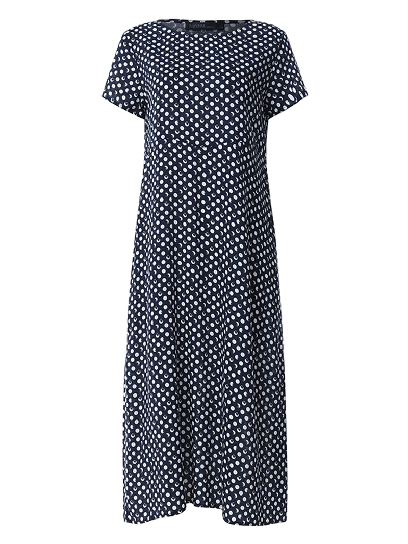 Crewneck Polka Dot Print Short Sleeve Midi Dress