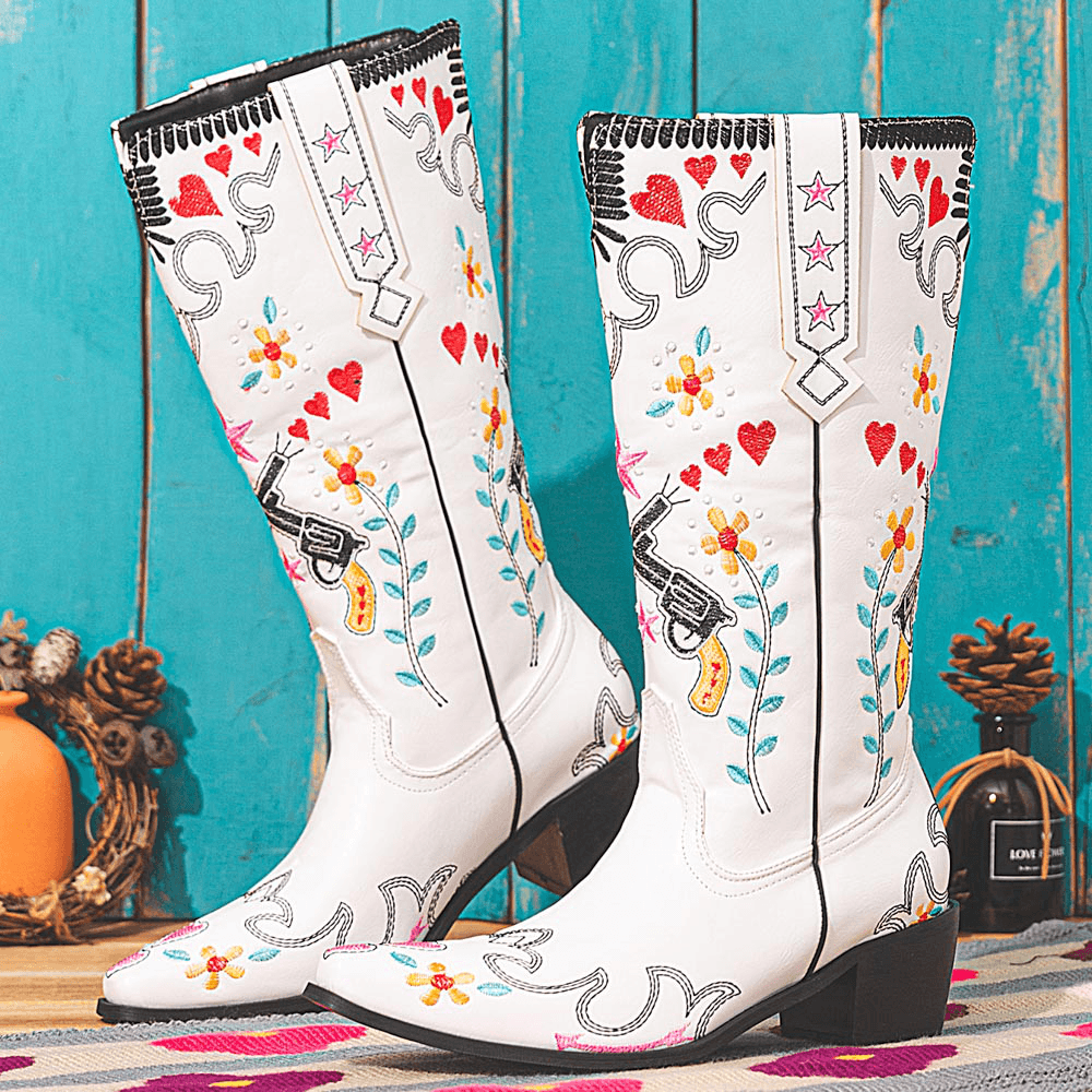 Women Floral Sweet Embroidery Leather Pointy-Toe Chunky Heel Mid-Calf Knight Boots