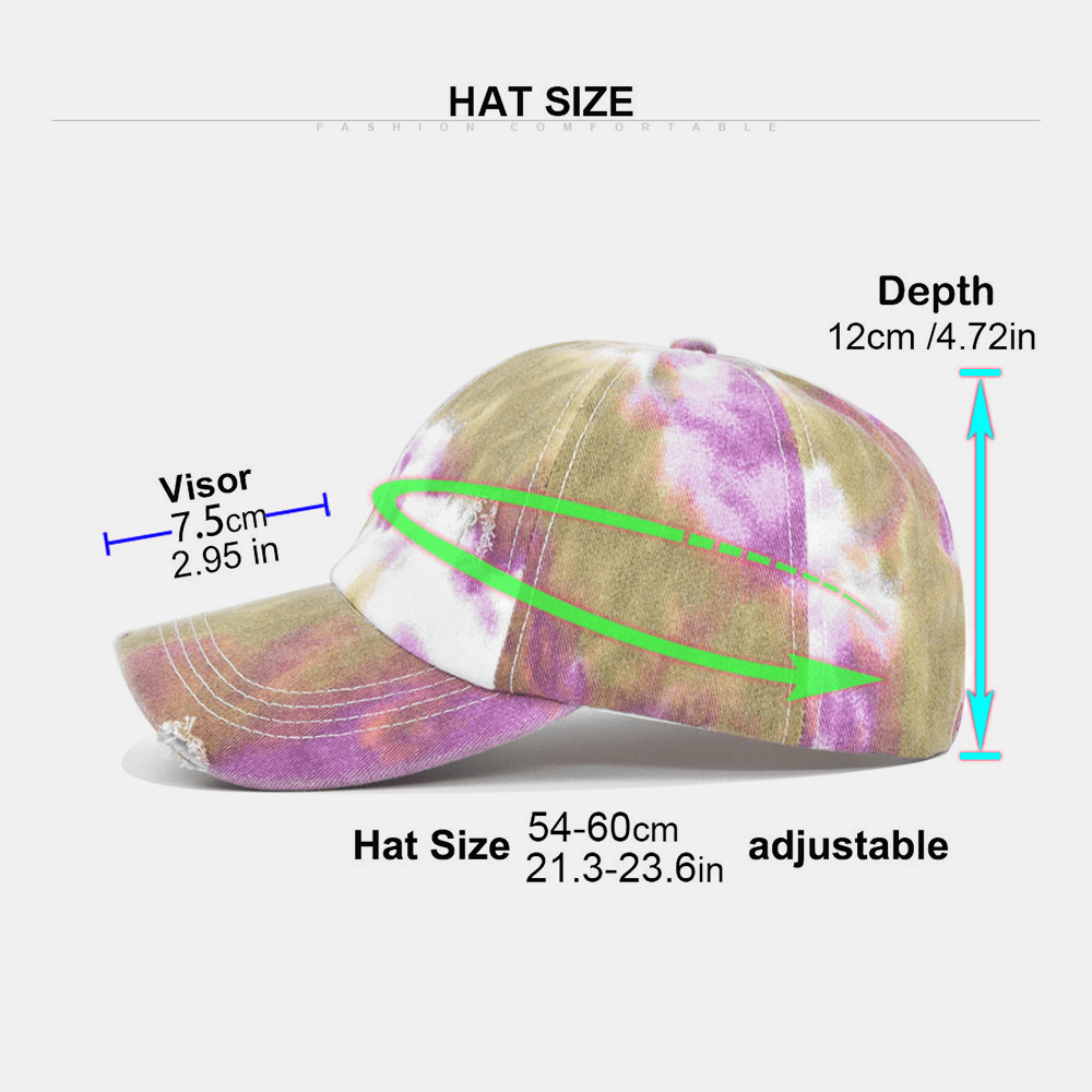 Unisex Colored Tie-Dye Ponytail Baseball Cap Broken Hole Big Brim Breathable Stretch Fit Cap