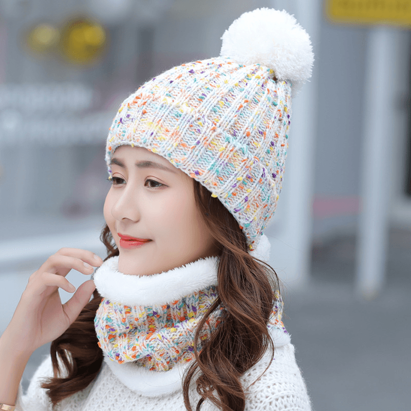 Thick Warm Wool Cap Bib Two-Piece Set Beanie Warm Winter Pom Cap - MRSLM